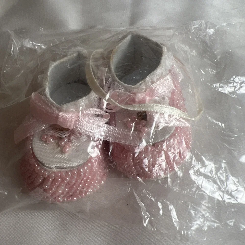 Vintage Pink Beaded Baby‎ Girl Shoes Ornaments 2 Pack Sealed Baby Shower Crafts